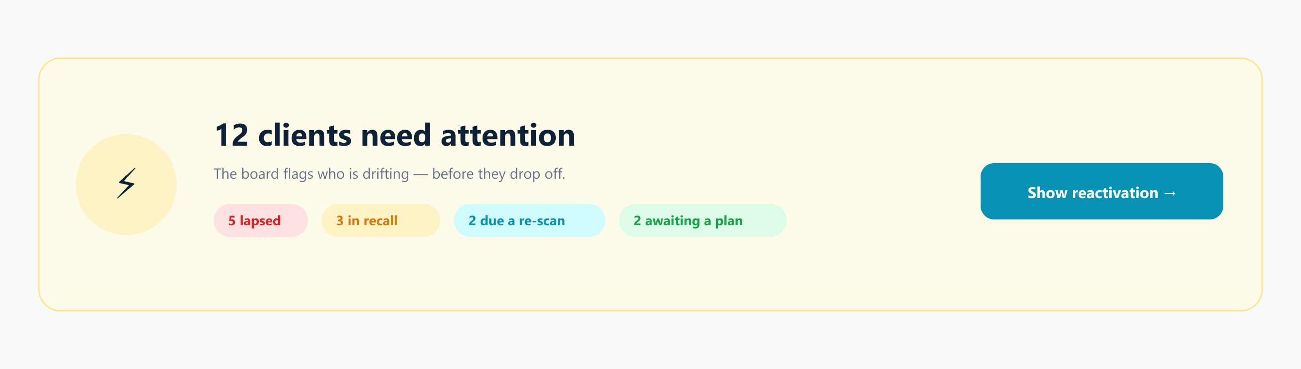 Dashboard alert: 12 clients need attention — lapsed, in recall, due a re-scan, awaiting a plan