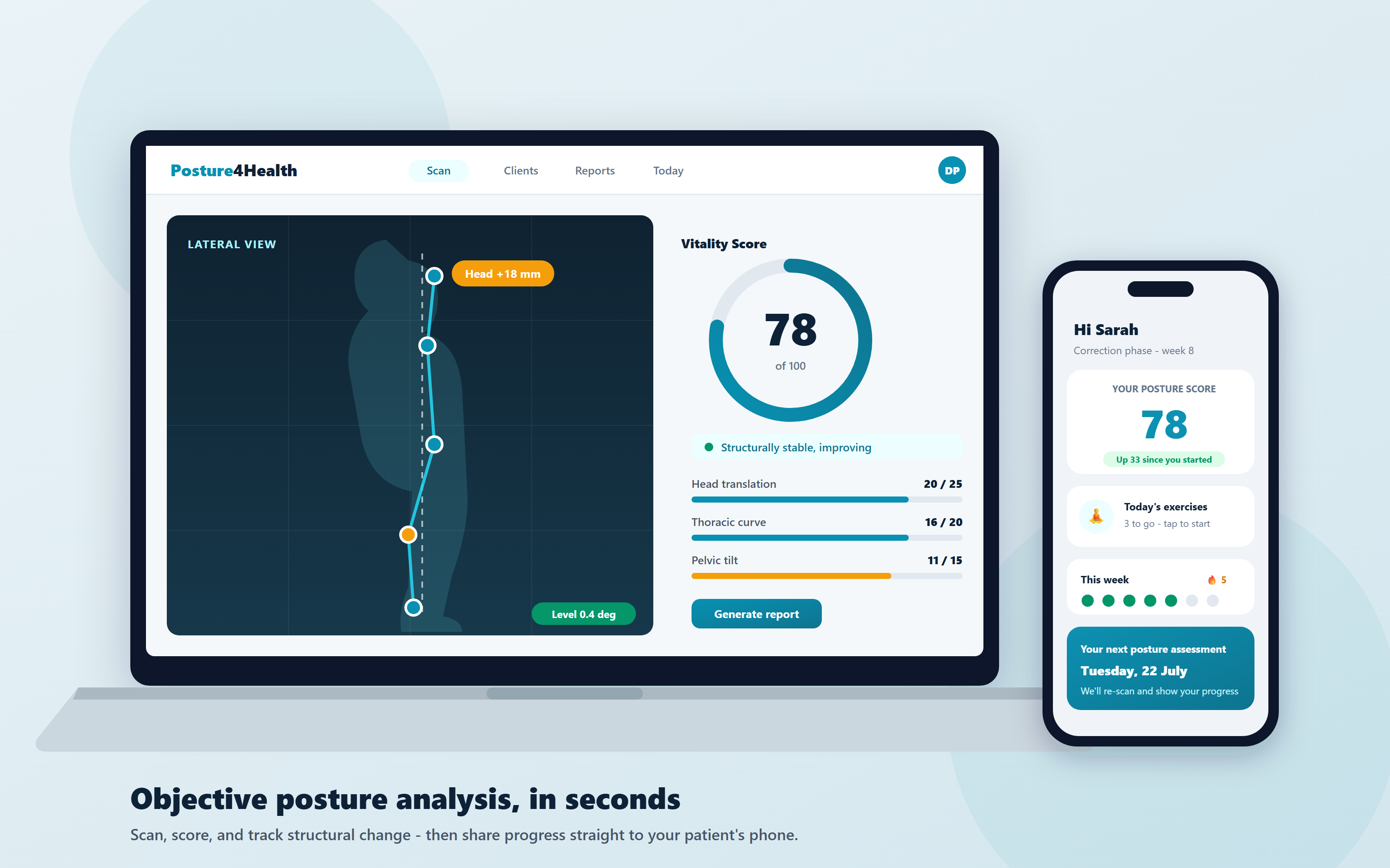 Posture 4 Health scan screen with a Vitality Score, alongside the patient portal on a phone