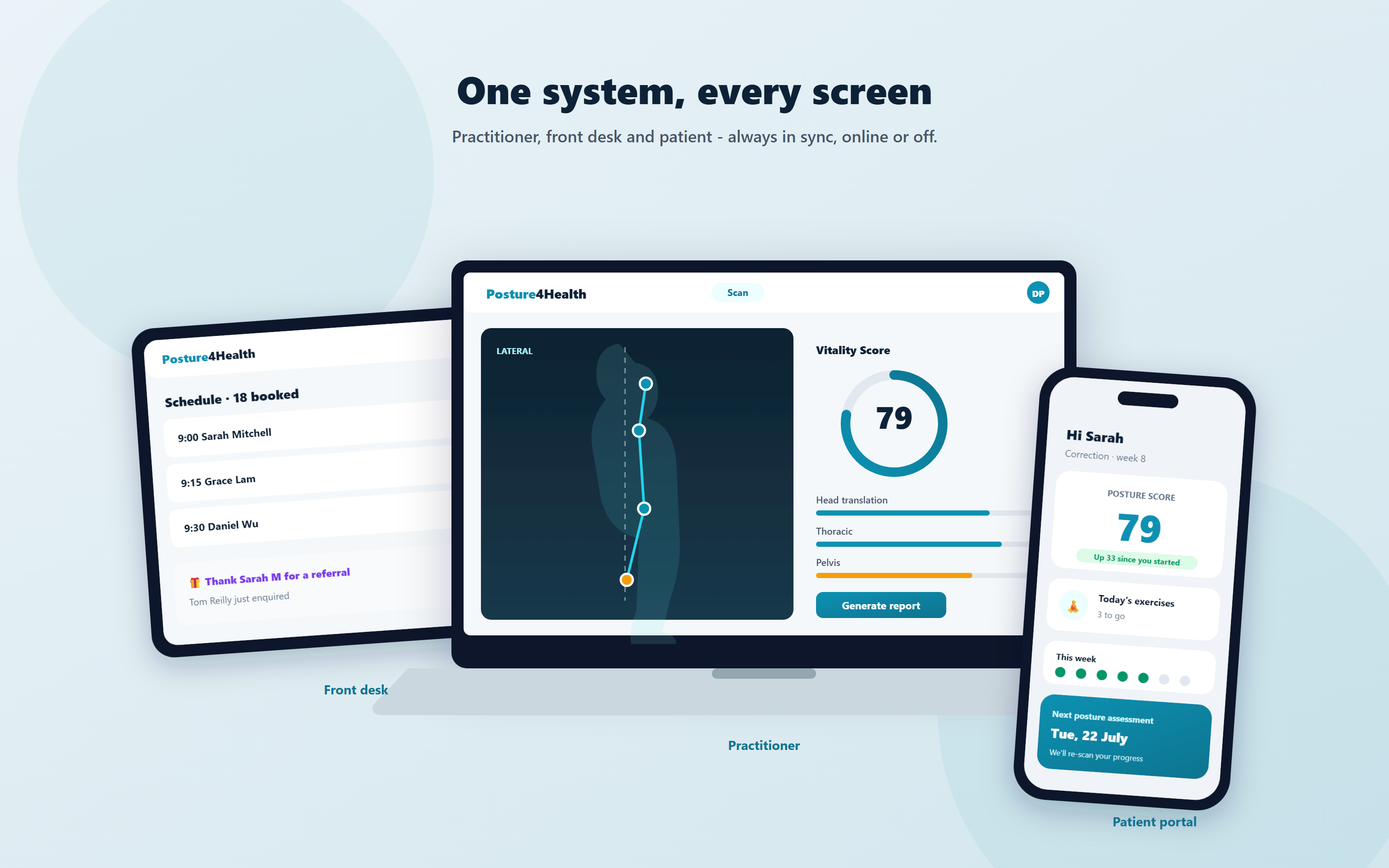 Front desk tablet, practitioner desktop and patient phone all running Posture 4 Health in sync