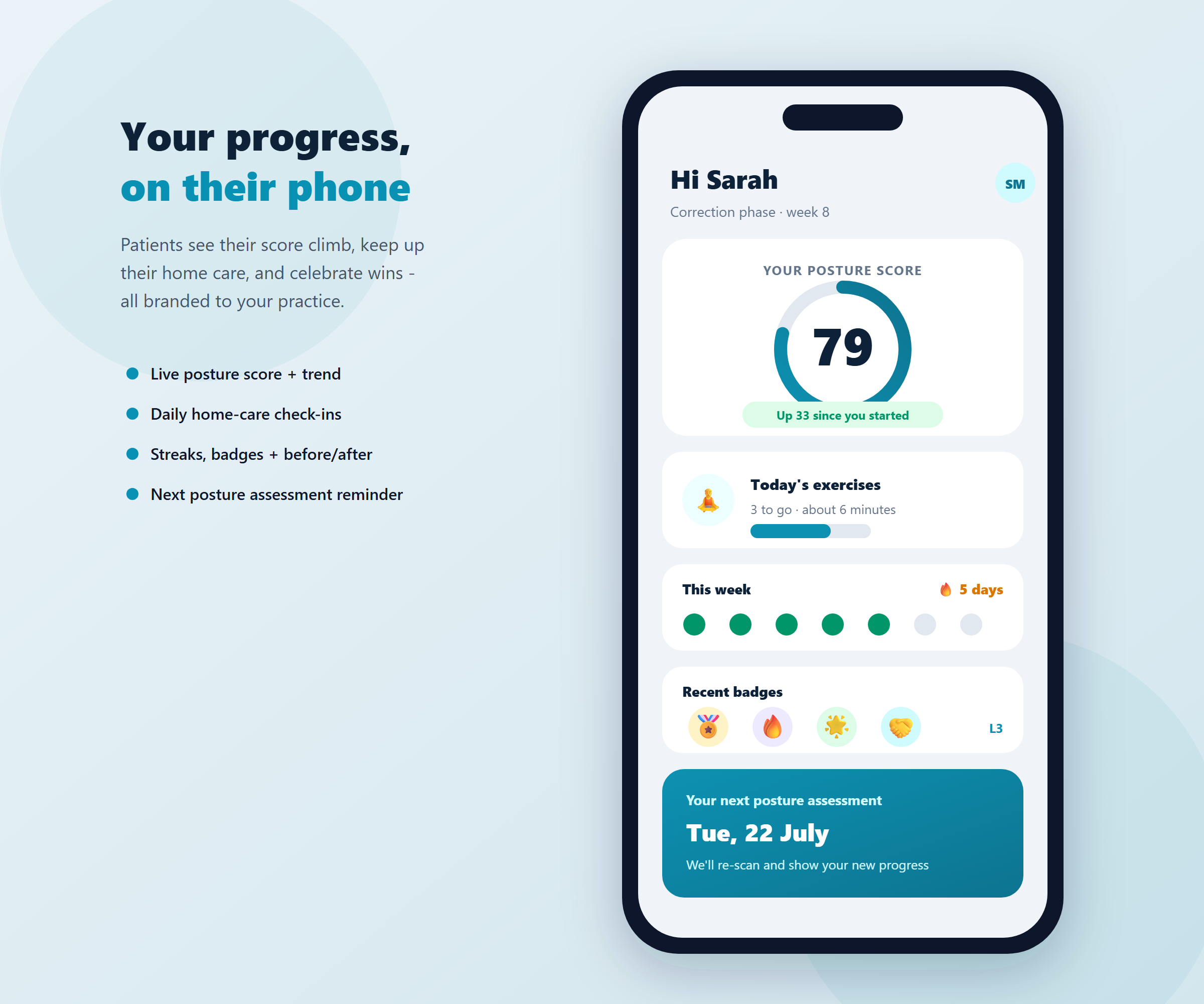 Patient portal on a phone showing posture score, exercise streak and next assessment