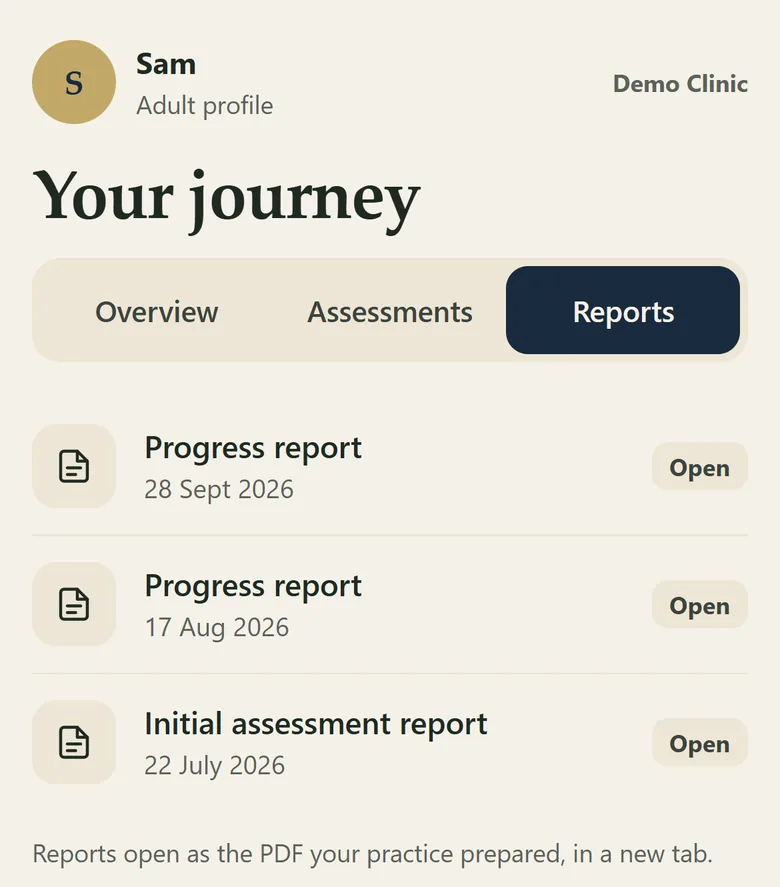 The portal Reports tab listing progress reports and the initial assessment report