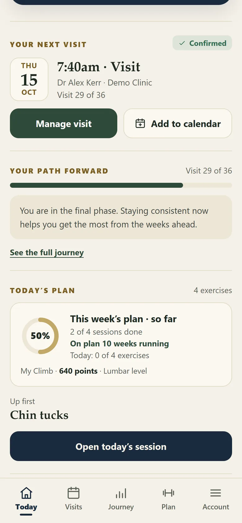 The client portal Today tab on a phone: next visit, path forward and today's plan