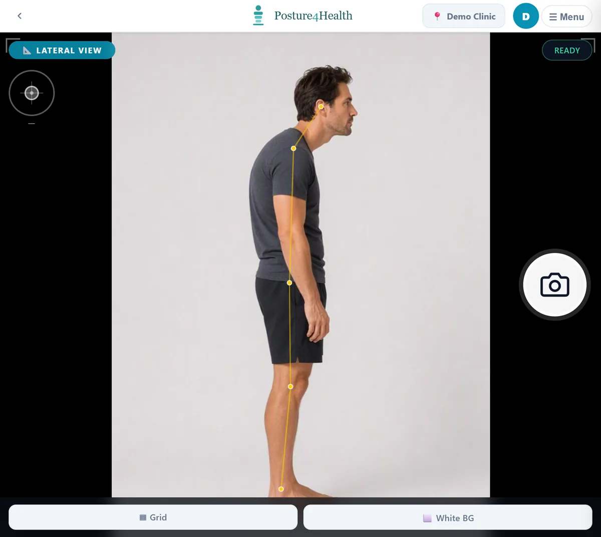 The scan app framing a lateral view with a live skeleton line