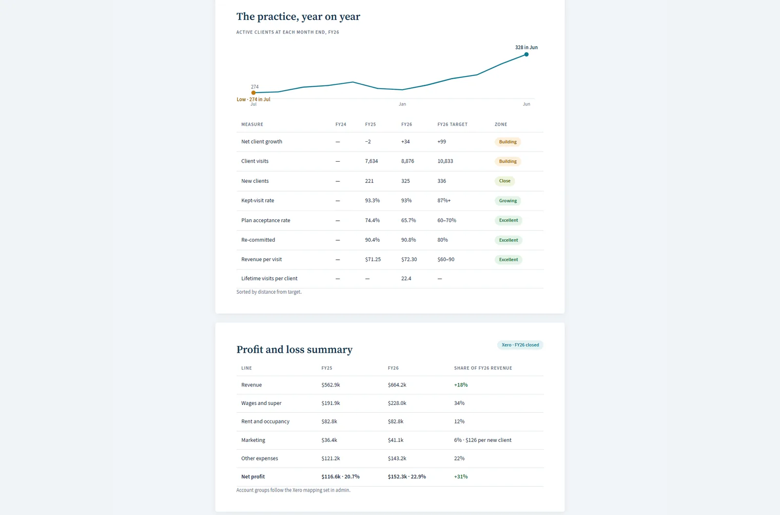Year on year: active clients through the year, measures against target and a profit and loss summary